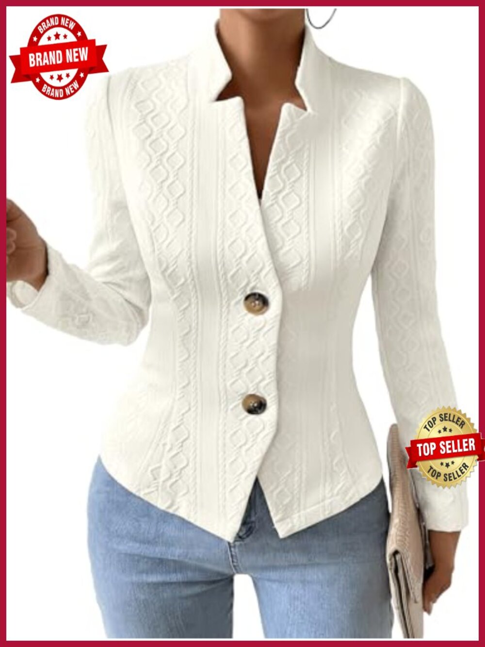 Jacquard Knit Sweater Blazer Jacket Slim Notch Collar Full-Lined Work Coat